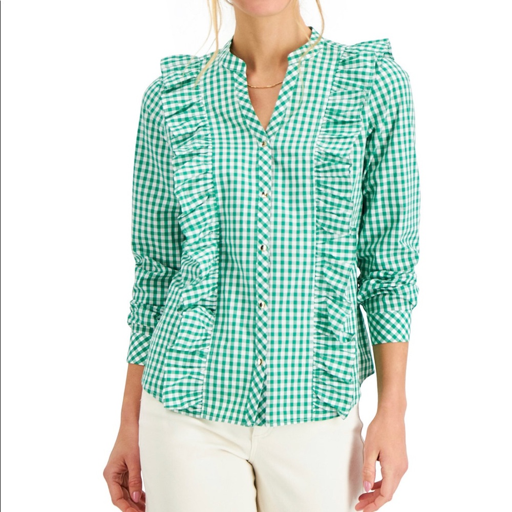 Charter Club Green White Gingham Ruffle Button-Up Top